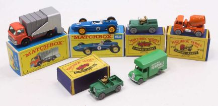 Matchbox Lesney boxed and loose model group of 6 comprising 2x No. 12 Land Rover Series 1, No. 26