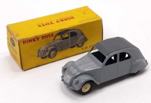 French Dinky Toys No.24T 2CV Citroen, comprising grey body with dark grey roof and cream hubs,