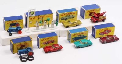 One tray containing eight various boxed Matchbox 1/75 series diecast vehicles and roadside