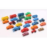 A collection of Tomte Laerdal, Galanite, and similar vinyl plastic cars, with examples including a