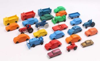 A collection of Tomte Laerdal, Galanite, and similar vinyl plastic cars, with examples including a