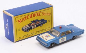 Matchbox Lesney No. 55 Ford Fairlane Police Car in metallic blue with black plastic wheels and '