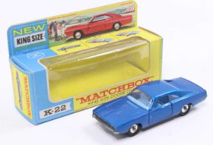 A Matchbox King Size K-22 Dodge Charger, comprising of dark metallic blue with light blue interior