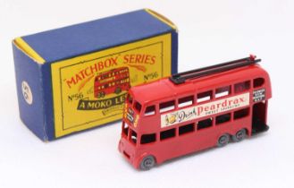 Matchbox Lesney No. 56 London Trolleybus, red body, with metal wheels, a black base, and 'Drink