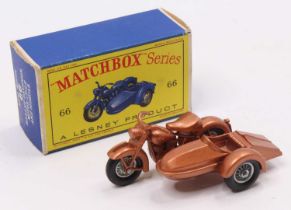 Matchbox Lesney No. 66 Harley Davidson Motorcycle and Sidecar in metallic copper with wire wheels,
