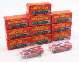 10 Marx Toys Mini Marx Super Speed Car Ford J Racing Car, all with a metallic red body, grey base,