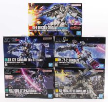 5 various Bandai Gundam HGUC 1/144 scale plastic kits to include Gundam RX-78-2 Revive, RX-79 (G)