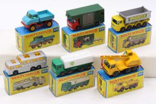 A collection of six Matchbox E type boxed diecast vehicles to include a No. 49 Unimog, No. 51