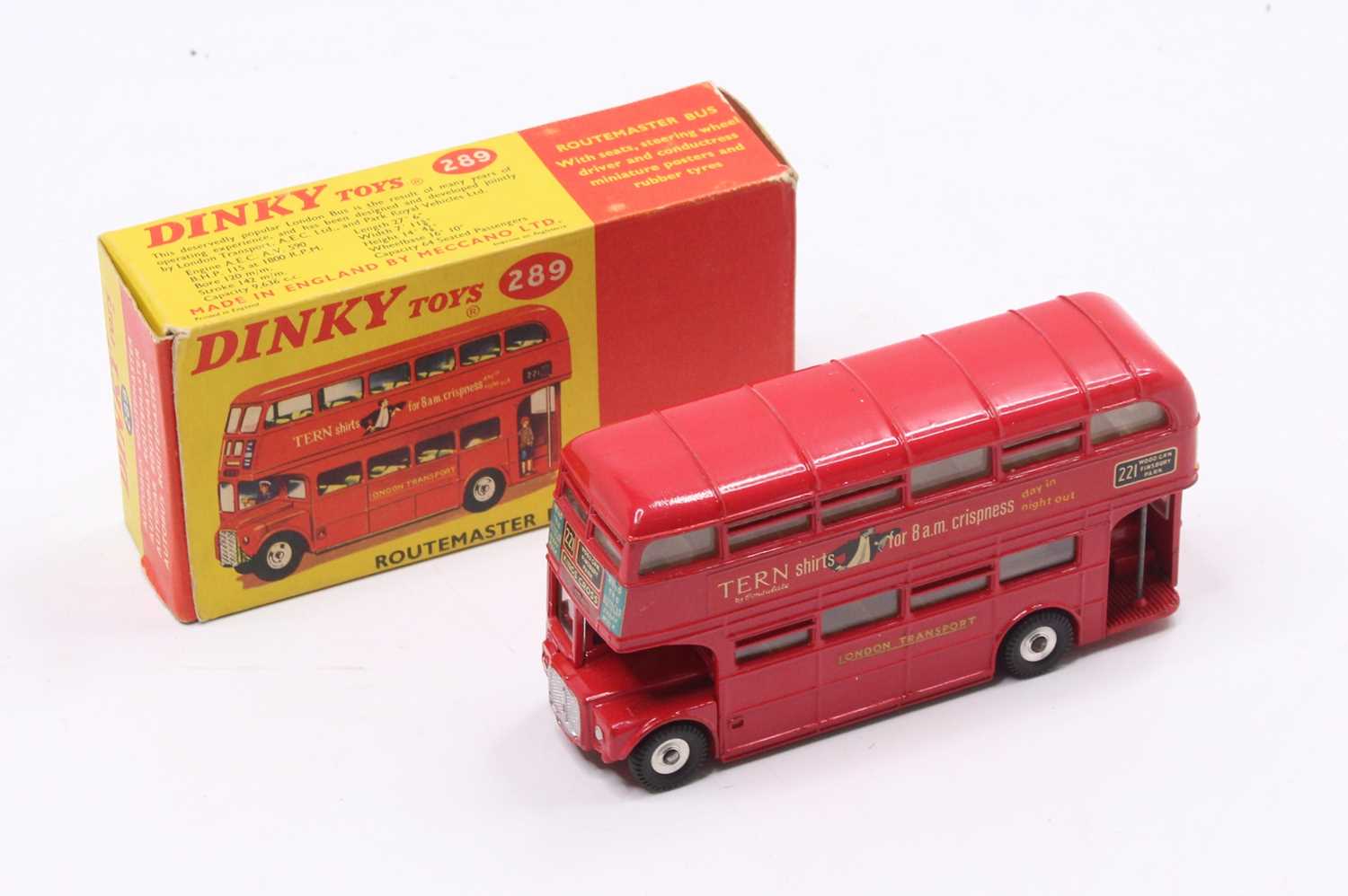 Auctions | Dinky Toys 289 Routemaster Bus 'Ever Ready Batteries' A Pair - (1) Silver body, blue lower interior, light blue upper, speedwheels