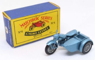Matchbox Lesney No. 4 Triumph 110 Motorcycle and Sidecar in metallic steel blue, housed in its