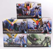 Ban Dai Real Grade Gundam 1/144th scale kit group of 5, with examples including Wing Gundam, God