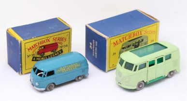 Matchbox Lesney boxed Volkswagen group, 2 examples comprising No. 34a Split Screen Panel Van, blue