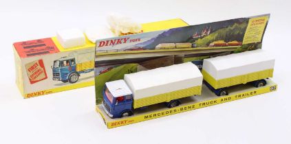 A Dinky Toys No. 917 Mercedes truck & trailer, comprising blue cab and chassis with yellow back with
