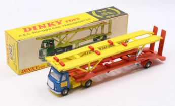 A Dinky Toys No. 974 AEC Hoynor car transporter comprising metallic blue cab and yellow chassis with