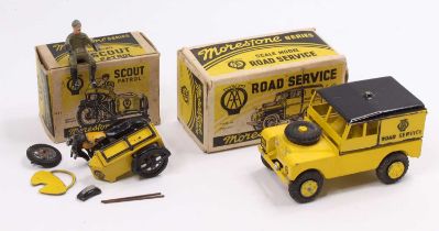 A boxed Morestone series scout patrol car with matching AA road service delivery van, both boxes