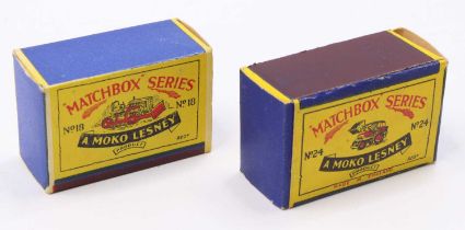 2 Matchbox Lesney original empty boxes comprising No. 18 Caterpillar Bulldozer, and No. 24