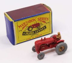 Matchbox Lesney No. 4 Massey Harris Tractor in red, a first issue without mudguards, with gold