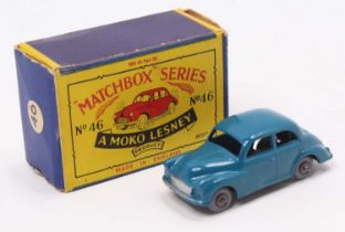 Matchbox Lesney No. 46 Morris Minor 1000, blue body, with grey plastic wheels, and silver trim, some