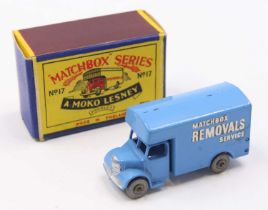Matchbox Lesney No. 17 Bedford Removals Van, light blue body, with metal wheels, silver trim, and '