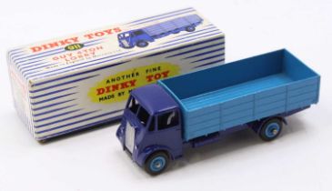 Dinky Toys 911 Guy 4-Ton Lorry, Dark blue cab and chassis with matching hook, mid-blue back, and
