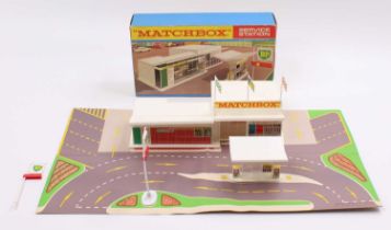A Matchbox MG1 service station, housed in the original card box, appears near complete