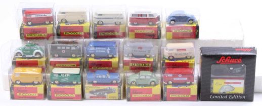 One tray containing a quantity of Schuco Piccolo 1/90 scale VW interest delivery vans and vehicles