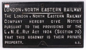 A LNER private property cast iron sign that has been repainted. Measures 22 by 13 inches, has two
