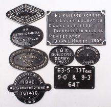 A collection of repainted cast iron signs. All are in good condition, the "No Passage across the