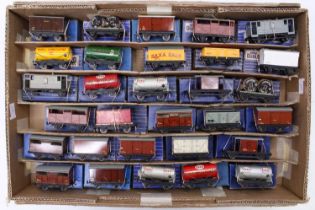 Large tray containing a wide variety of 30 Hornby-Dublo boxed goods wagons, mix of metal & plastic
