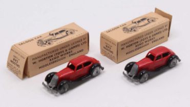 Two Britains saloon cars both Lilliput World examples, model No. LV602, end flap detached on both