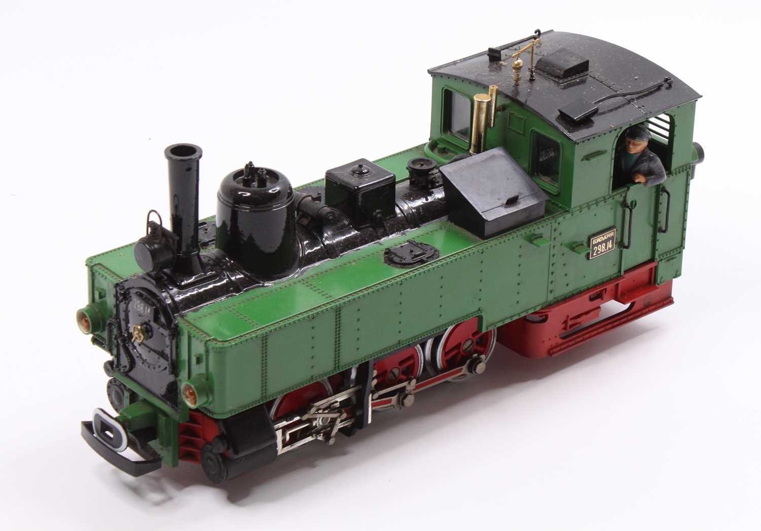 LGB no. 2073 0-6-2 loco running no. 298.14, red chassis green cab, model has been overpainted