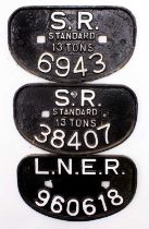 2 x SR and 1 x LNER D type wagon plates, repainted, comprising of SR 38407, SR 6943, LNER 960618.