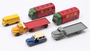 Six unboxed Dublo Dinky Toys: Mercury tanker (E); another (G-VG); Bedford articulated lorry &