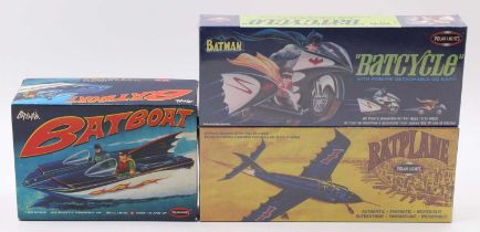 Polar Lights boxed Batman 1/25 and similar scale kit group to include Bat Boat, Bat Cycle, and Bat