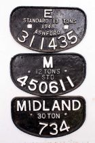 3x various D-type wagon plates repainted, comprising of Midland 734, Midland 450611, Eastern 311435.