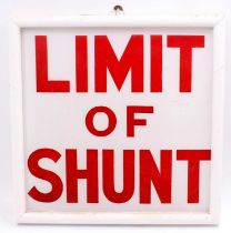 A wooden framed glass sign "Limit of Shunt". measures 17 inches square including the frames. Good