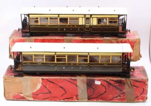 Pair of scratch-built 45mm gauge Welshpool and Llanfair Coaches, first and third example, and a