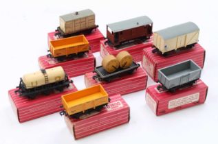 Eight Hornby-Dublo 2-rail boxed goods wagons, some being ‘less common’ – 4310 brown goods brake van;