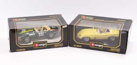 2 Burago Diamonds 1/18th scale diecasts comprising No. 3016 Jaguar E Type Cabriolet in green, and