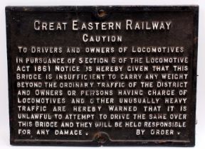 A GER cast iron caution to drivers and owners of locomotives sign. Has been repainted. sign measures