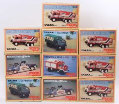 A collection of 10 Monti System plastic model kits, with examples including a Tatra 815 Dakar