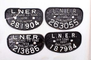 4 x LNER Darlington D type wagon plates repainted, comprising of 187984, 21685, 281904 and 263055.