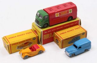 Three Dublo Dinky Toys: 070 AEC Mercury tanker Shell/BP, red & green, with windows, black treaded