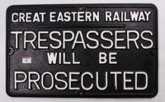 A GER trespassers will be prosecuted cast iron repainted sign. Has four fixing holes and measures 20