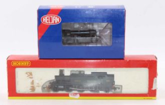 Two 00-gauge locos: Heljan GWR 0-6-0 saddle tank 1365 BR black (E) (BVG-E); with R2098E Hornby 2-6-2