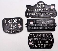 4x cast iron repainted signs, to include Langley Mill, LMS fuse box, BR internal, Cambrian wagon