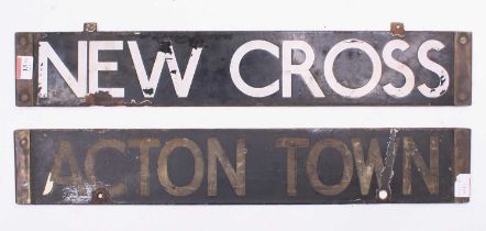 A pair of London Underground enamel destination boards Acton Town/Shoreditch, and New Cross/New X