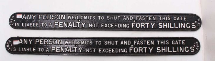 2 x LNER repainted shut the gate penalty sign reading "Any person who omits to shut and fasten