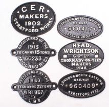 6 x cast iron makers plates and wagon plates from various works. All are repaints and are in