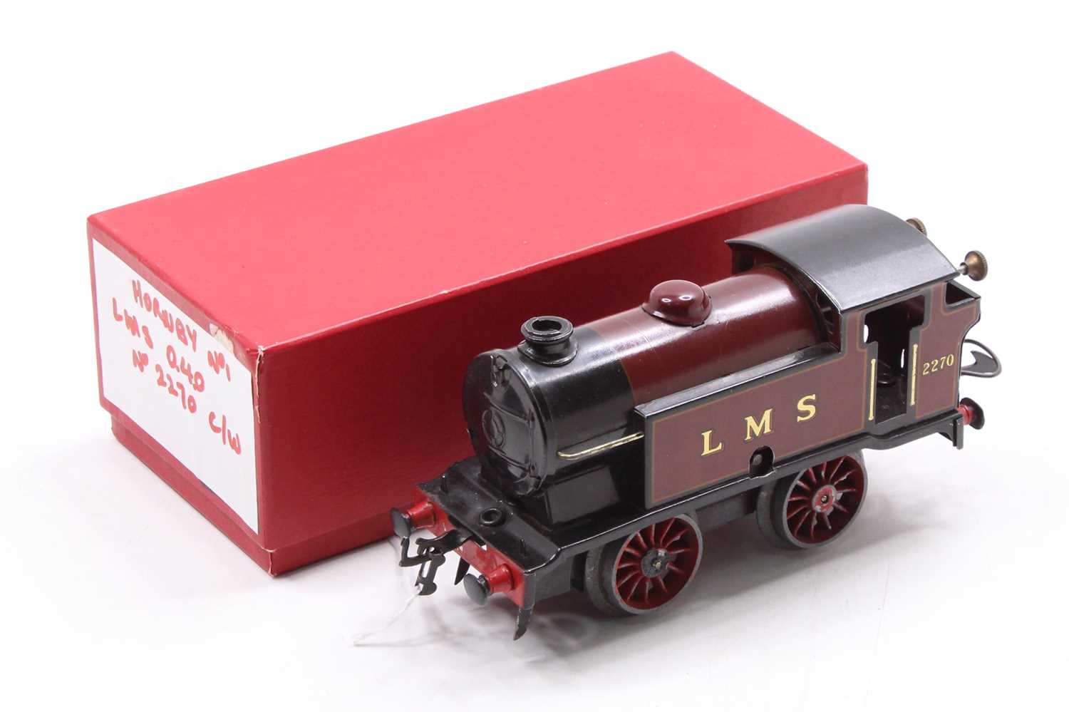 1932-6 Hornby M3 tank tin-printed loco 0-4-0 LMS 2270 red no cylinders, 12 spoke wheels, no coupling